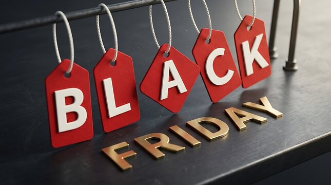 Red and gold "black friday" sale tags hanging on metal rod with reflective surface