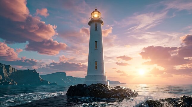 Solitary coastal lighthouse at sunset with rocky shoreline, glowing beacon, and dramatic sky
