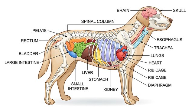 Anatomical profile of a dog showing internal organs and skeletal system