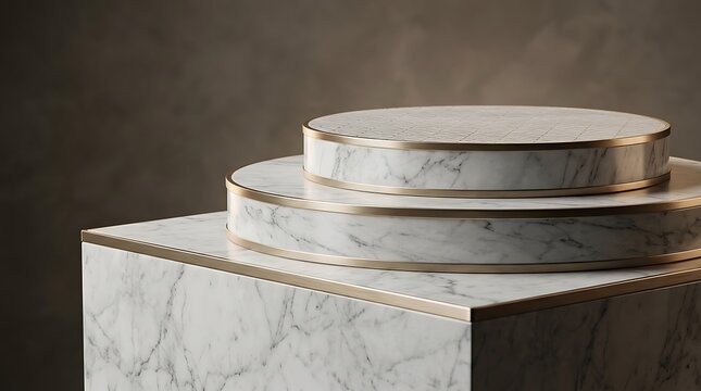 Stacked, rounded marble pedestal with veined white and gray surface in soft lighting