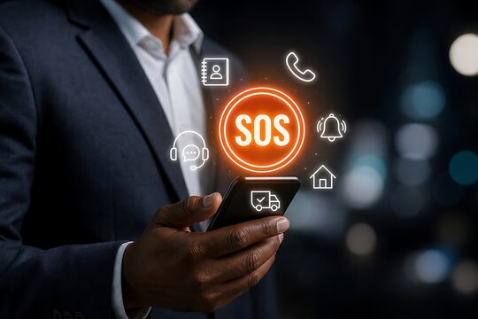 Businessman holding a mobile phone with a glowing emergency sos button on the screen