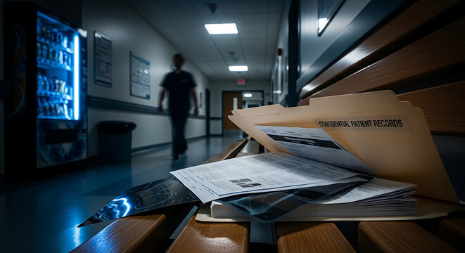 A stack of confidential medical patient records left unattended on a bench in a dark hospital hallway representing a hipaa privacy violation