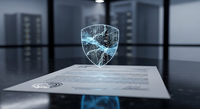 Cybersecurity shield for HIPAA medical privacy protecting genetic data and sensitive documents in a high tech server room environment