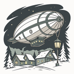 Vintage style of a dirigible airship flying over a snow covered village with pine trees and a glowing street lamp at night © MST RAMIJA