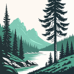 Fototapeta premium A tall pine tree standing on a rocky shore overlooking a calm lake and distant mountain peaks in a nature on white background