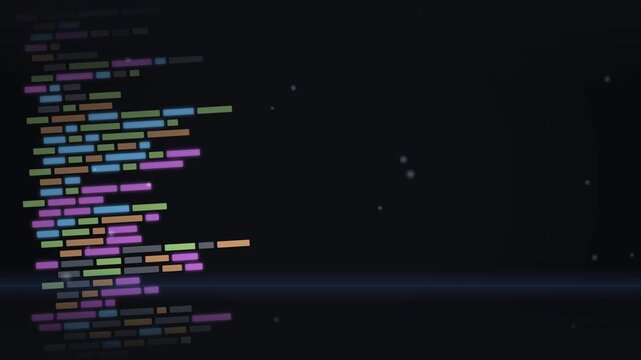 Abstract colorful code lines scrolling on dark background, digital programming data stream, tech and software development concept