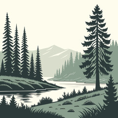 Fototapeta premium Serene mountain landscape featuring tall pine trees along a calm river bank in a minimalist flat style