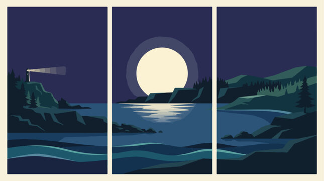 Minimalist vector illustration featuring a night landscape with a glowing moon a tall lighthouse and calm dark ocean waves