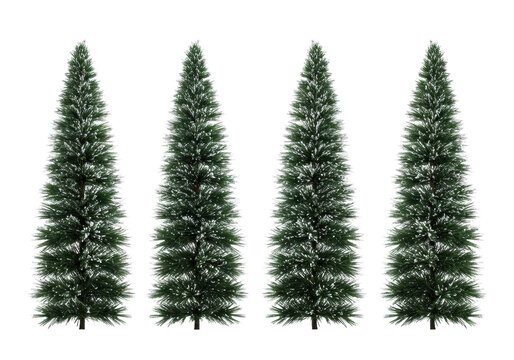 Four miniature, densely needled fir trees covered in ultra-realistic crystalline rime frost, shot high key on a stark white background. Concept for pristine winter minimalism