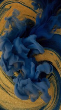 Blue Ink Swirling in Golden Glitter Fluid Generative AI