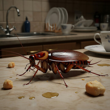 Insect pest kitchen pest Closeup of Large Brown Cockroach Crawling on Dirty Kitchen Counter with Food Crumbs and Dishes