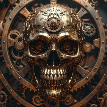 Steampunk Golden Skull with Intricate Gears and Clockwork Mechanism.
