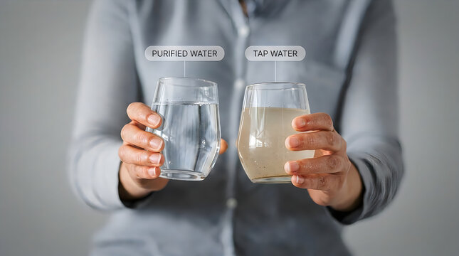 Person comparing clean clear drinking water with sediment filled tap water for residential filtration.