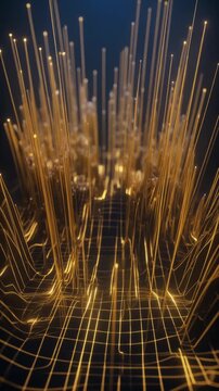 Abstract Golden Data Grid with Rising Light Beams Generative AI