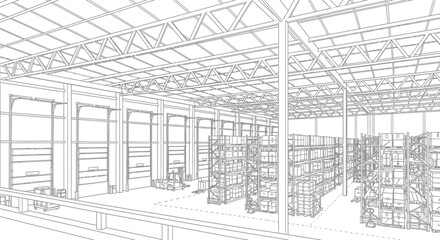 Fototapeta premium Warehouse interior sketch with shelves, boxes, and forklifts