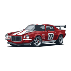 Naklejka premium Vintage Red Racing Car with White Stripes and Spoiler, Sports Auto