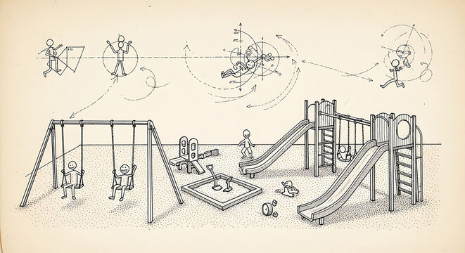 A vintage playground clipart illustration and drawing sketch showing children playing on equipment with complex physics motion diagrams