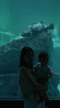 Asian mother holding her baby boy, watching big fish swimming in a giant aquarium tank.