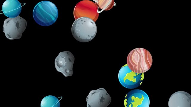 Cartoon Planets and Asteroids Falling Downward on Black Background