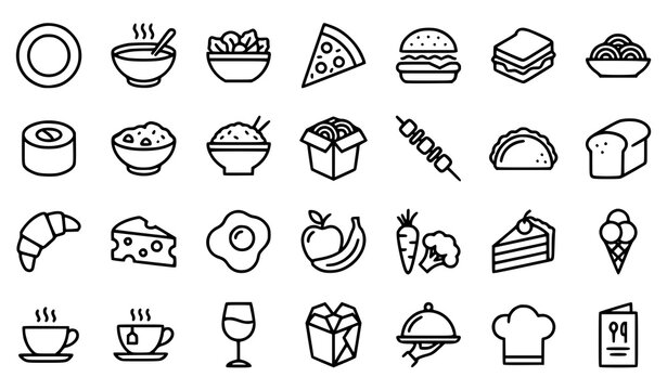 Food and restaurant line icon set featuring pizza burger sushi salad coffee sweets and dinner elements for menu design and culinary apps
