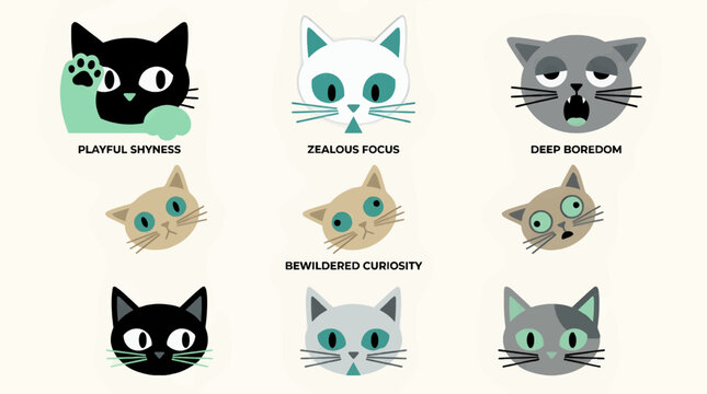 Vector Illustration of Nine Cat Faces Expressing Diverse Emotions and Personalities, Flat Design with Teal and Mint Accents, Graphic Resource for Emotive Concepts