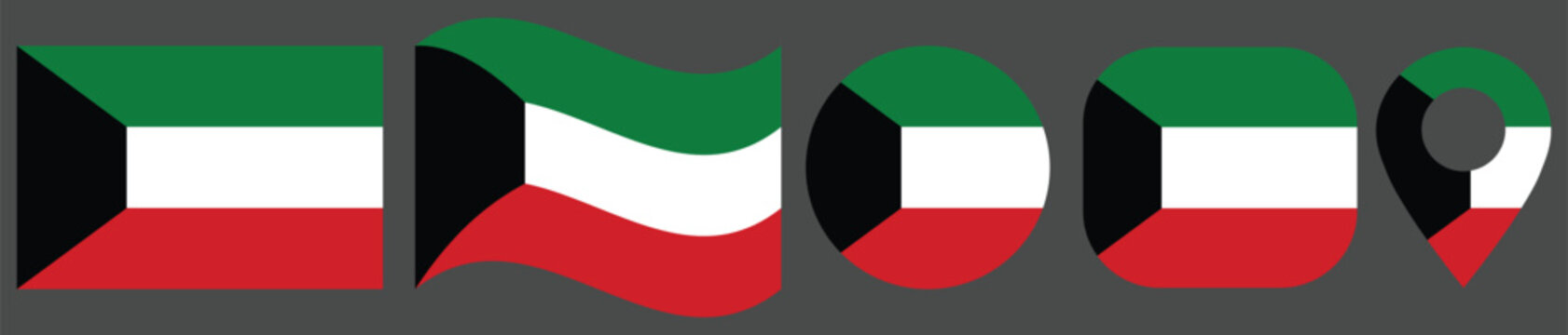 Kuwait Flag Vector Illustration Set Featuring Rectangular, Waving, Circular, Rounded Square and Location Pin Icons. Isolated Vector with High Detail and Clean Design.