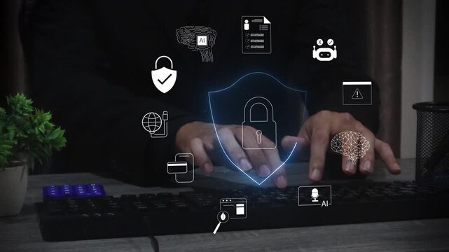 Digital Security Concept with Lock Symbol and Data Protection Icons Representing Cybersecurity Services and Technology Solutions in Modern Office.