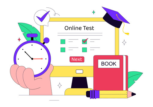 Online Test Vector Illustration Featuring Digital Exam, E Learning Assessment, Online Quiz, Remote Education, Knowledge Check, and Virtual Classroom