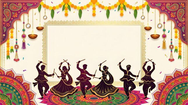 Silhouette of energetic men and women performing traditional indian dandiya raas folk dance with wooden sticks during a vibrant navratri festival celebration featuring ornate 