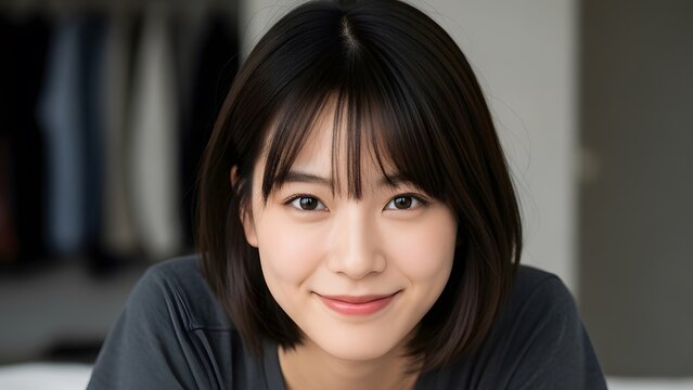 Portrait of Beautiful Young Asian Woman with Short Bob Haircut Smiling