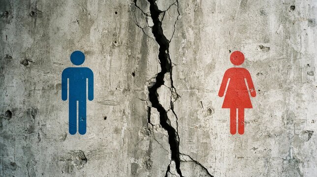 Blue male and red female gender icons are separated by a deep jagged crack running down the center of a weathered grey concrete textured wall surface
