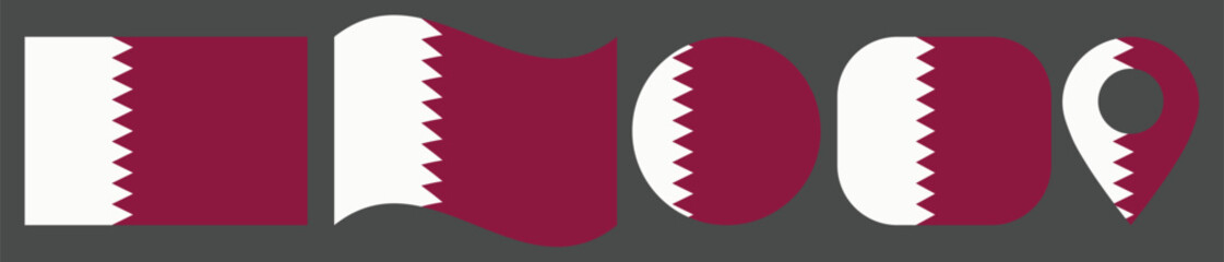 Qatar Flag Vector Illustration Set Featuring Rectangular, Waving, Circular, Rounded Square and Location Pin Icons. Isolated Vector with High Detail and Clean Design. © Jack