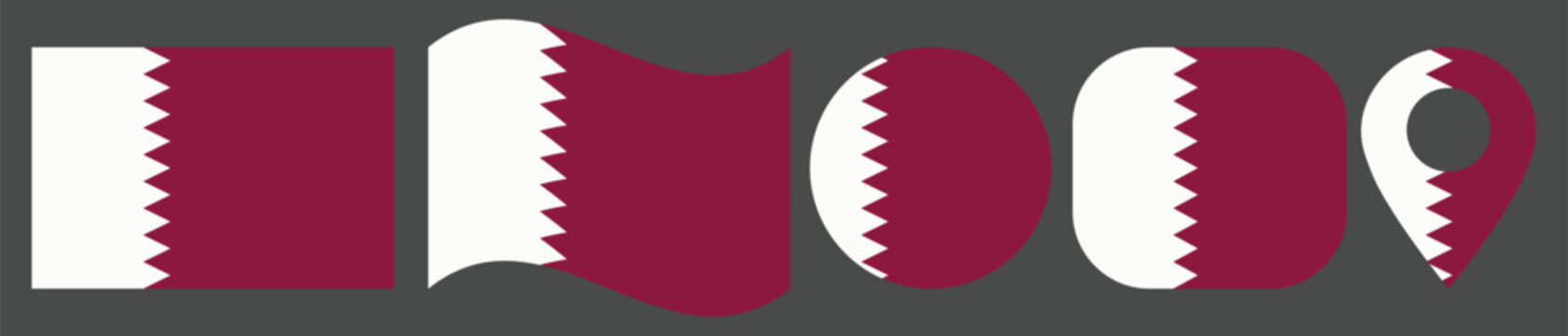 Qatar Flag Vector Illustration Set Featuring Rectangular, Waving, Circular, Rounded Square and Location Pin Icons. Isolated Vector with High Detail and Clean Design.