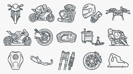Obraz premium Corporate Black and White Line Drawing Set of Motorcycle Parts and Accessories for Branding or Presentation