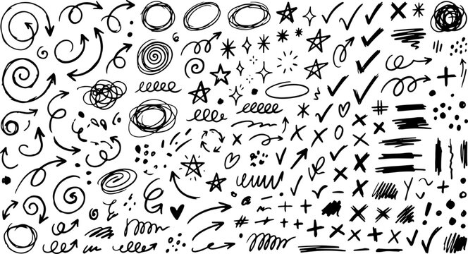 Hand drawn scribble marks and design accents featuring stars crosses and checkmarks scribble sketches checkmarks graphics handwritten elements abstract patterns textures collection