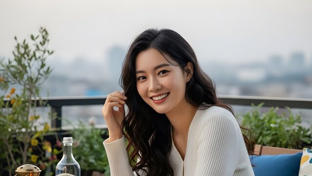 Beautiful Young Asian Woman Smiling Happily Outdoors on a Balcony