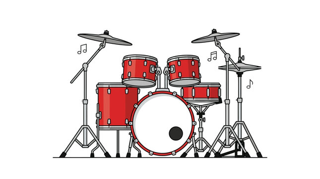 A musician plays a vibrant red drum set with cymbals and music notes floating around in a lively performance scene.