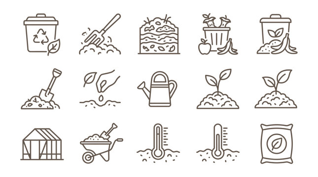 Corporate Flat Set of Recycling Gardening and Composting Tools and Elements in Monochrome with high quality professional line art symbols for modern creative design and digital branding projects