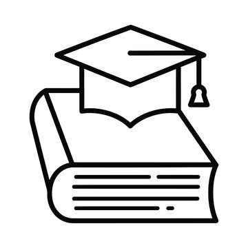 A graduation cap sits on top of an open book in a simple line drawing.