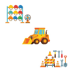 Naklejka premium This vector illustration features colorful construction equipment, including safety helmets, a cute front loader tractor, and various work tools.