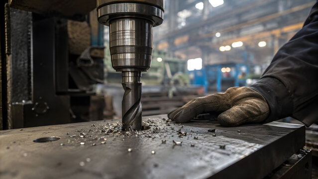 Drill press drilling steel plate in industrial factory