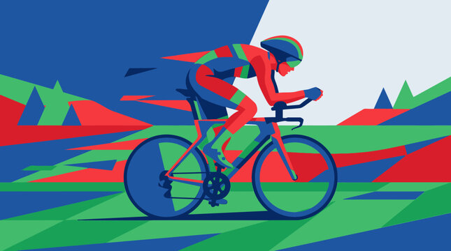 Abstract vector illustration of a professional cyclist racing on a road bike in vibrant colors.