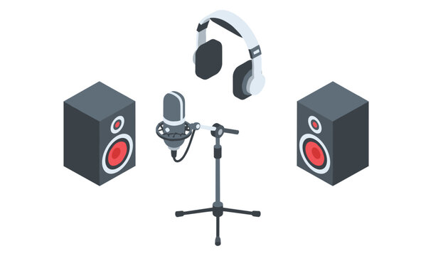 Professional recording studio setup with condenser microphone, white headphones, and two black speaker monitors.