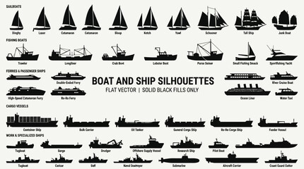 Collection of various boat and ship silhouettes in flat vector style for maritime design. © Ira Project