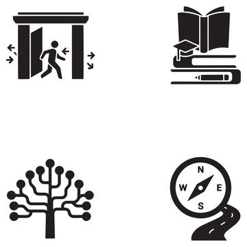 Information technology and education vector icon set containing open door with arrows, book with graduation cap and tree structure.