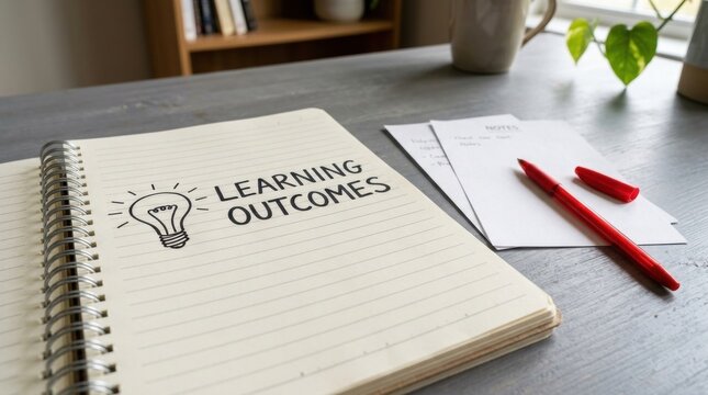 Open notebook with 'Learning Outcomes', lightbulb sketch, papers, handwritten text learning outcomes