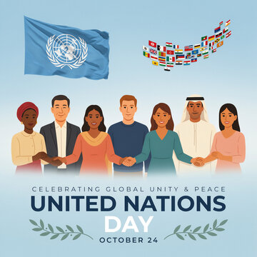 United nations day celebration featuring diverse people holding hands, the un flag, and ad social media download product banner template event festive festival 2026 2027 2028