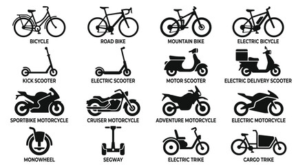 Set of various modern personal transportation vehicle icons including bicycles motorcycles and electric scooters. © Ira Project
