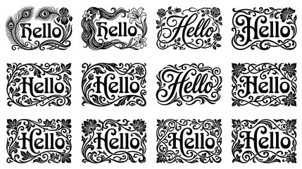 Collection of botanical hello typography frames with intricate floral and leaf artwork. © MdJubayer
