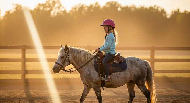 Little girl riding a pony at sunset. Child equestrian practicing horse riding outdoors.